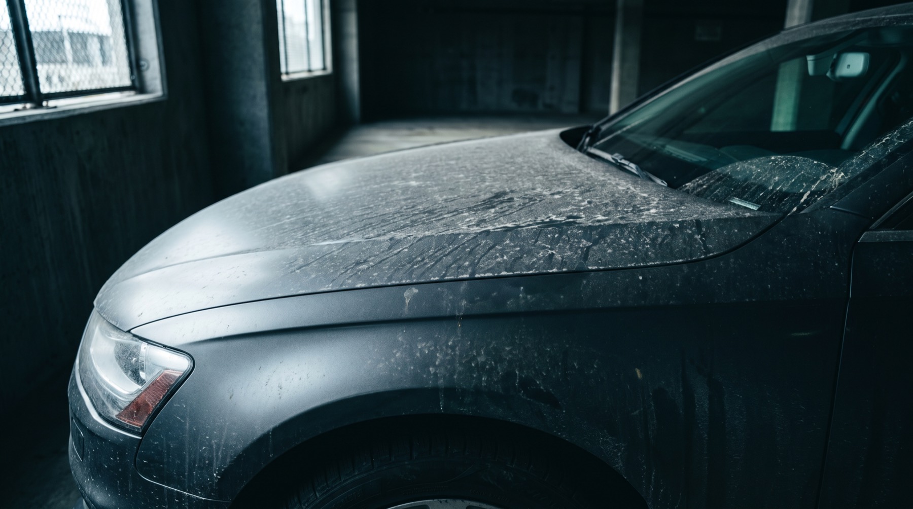 Grey car hood covered in dust and water spots