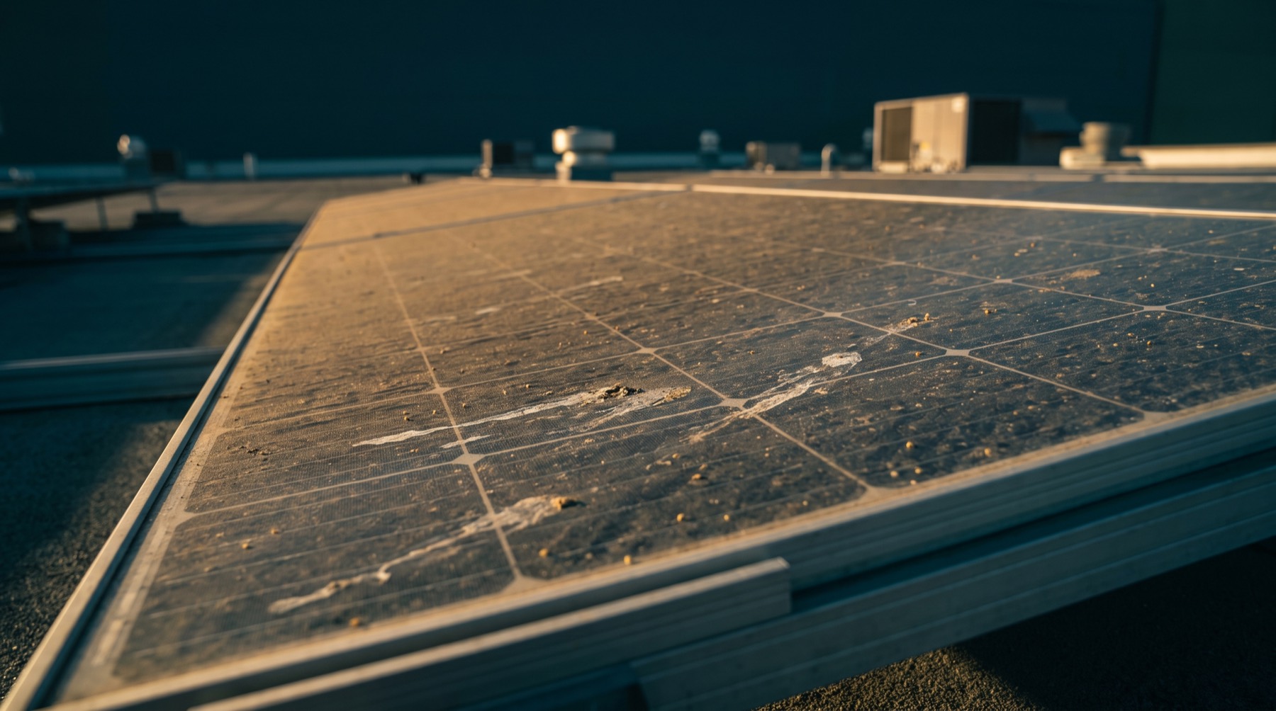 Solar panel covered in dust and bird droppings