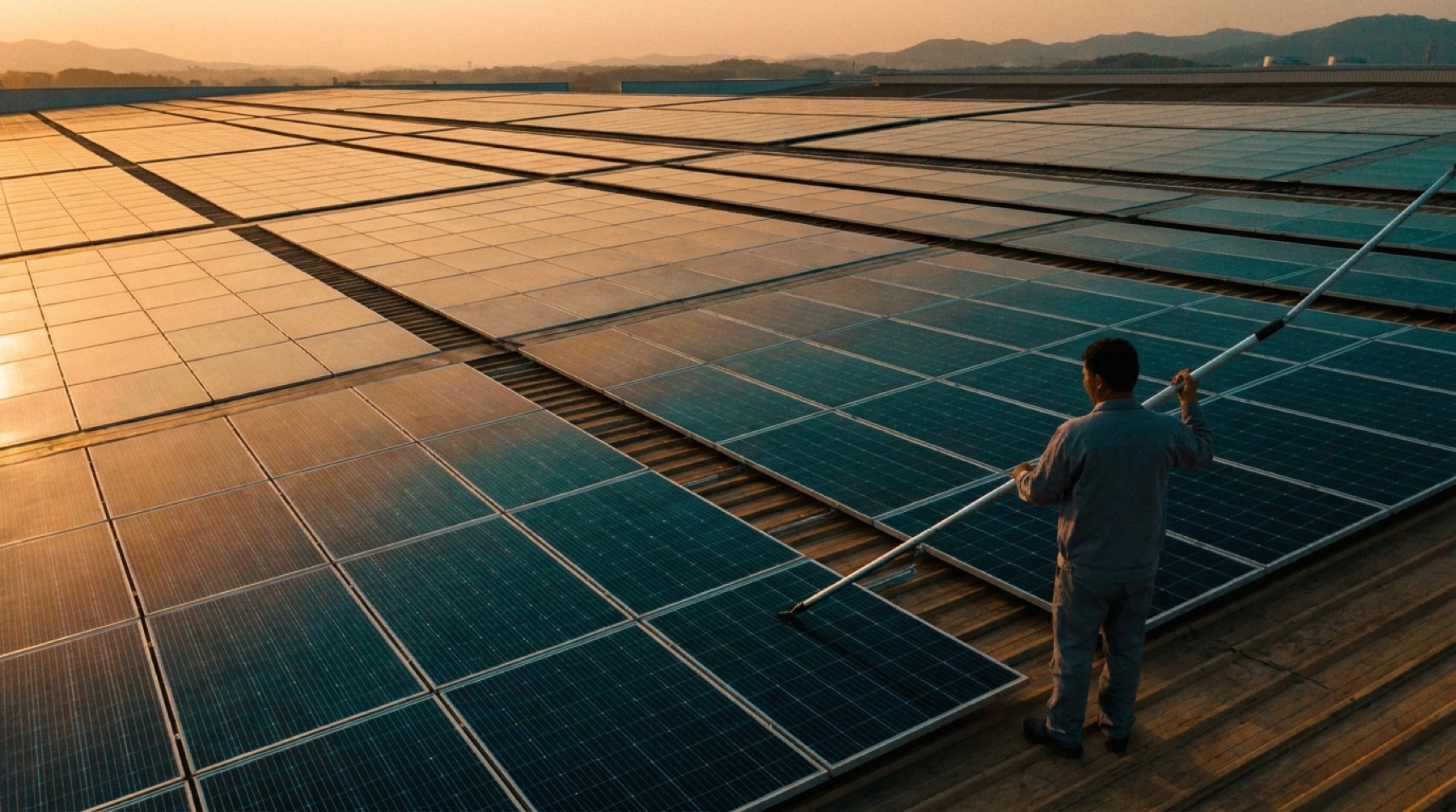 Rooftop solar plant at dusk, technician with a telescopic pole between rows of modules