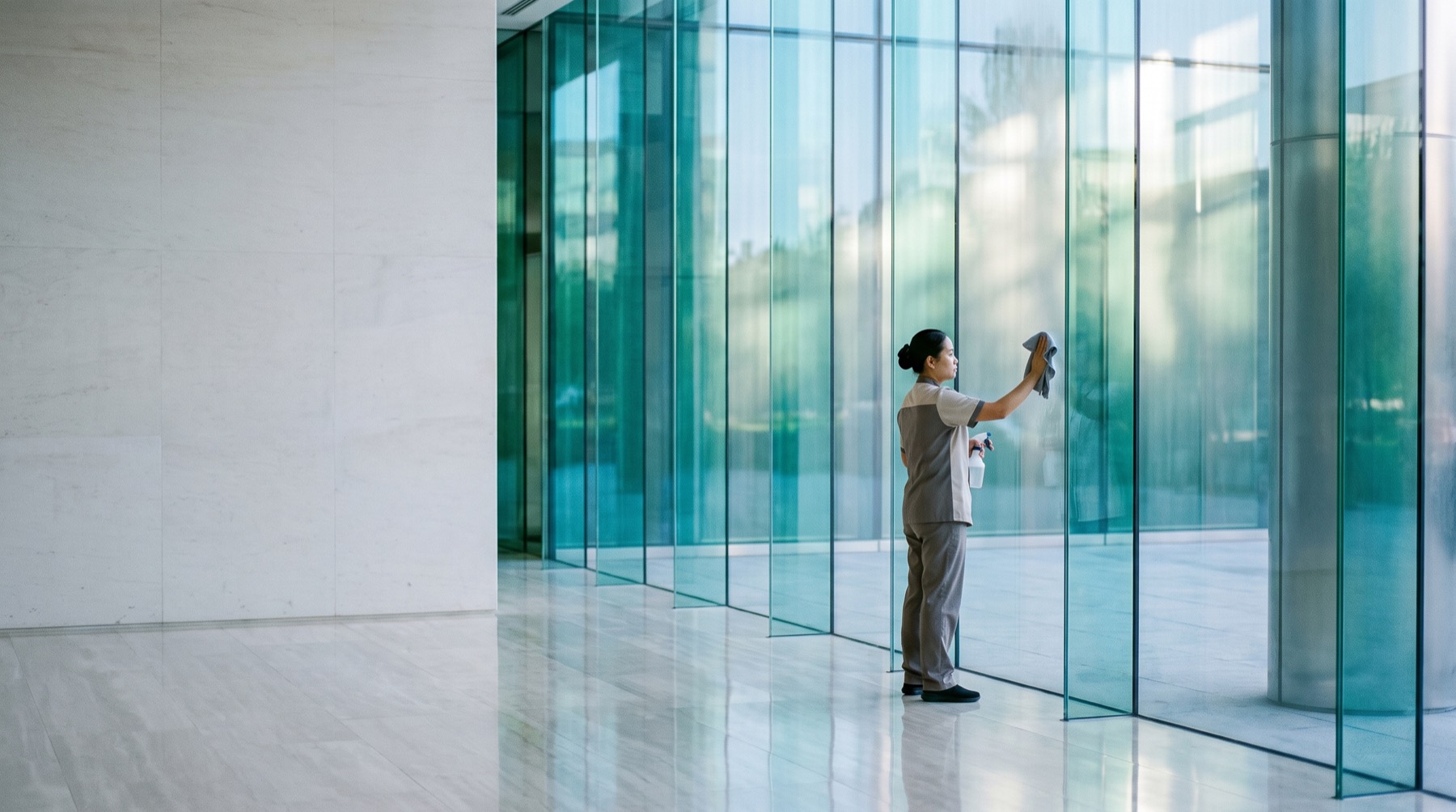 Professional wiping a glass panel in a bright corporate lobby